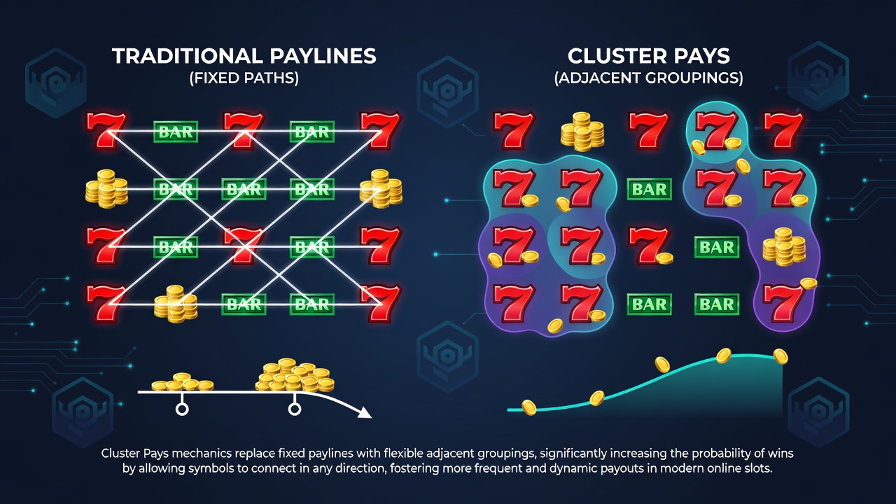 Screenshot of a cluster pays slot grid with highlighted winning symbol groups and payout multipliers
