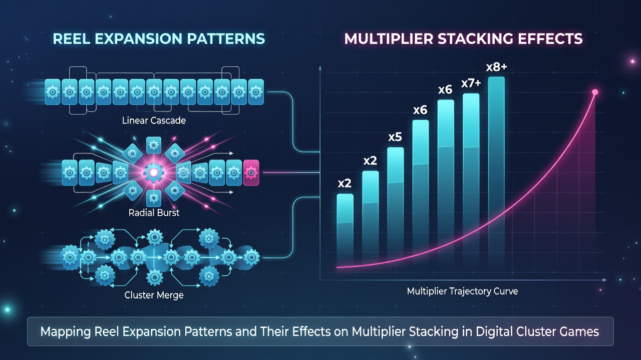 Multiplier stacking visualization in cluster game reels with expansion arrows and layered bonus indicators